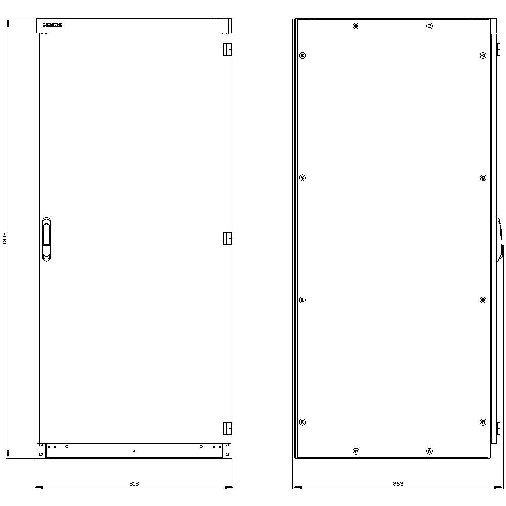 Two technical drawings of a rectangular cabinet with dimensions on the side. Left: Front view showing door and handle. Right: Rear view without details.