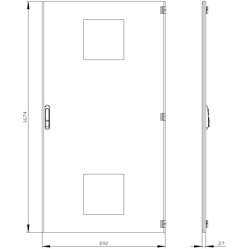 'Door plan with dimensions: Height 1574 mm, Width 892 mm, Thickness 27 mm, including door handle and two square cut-outs.'