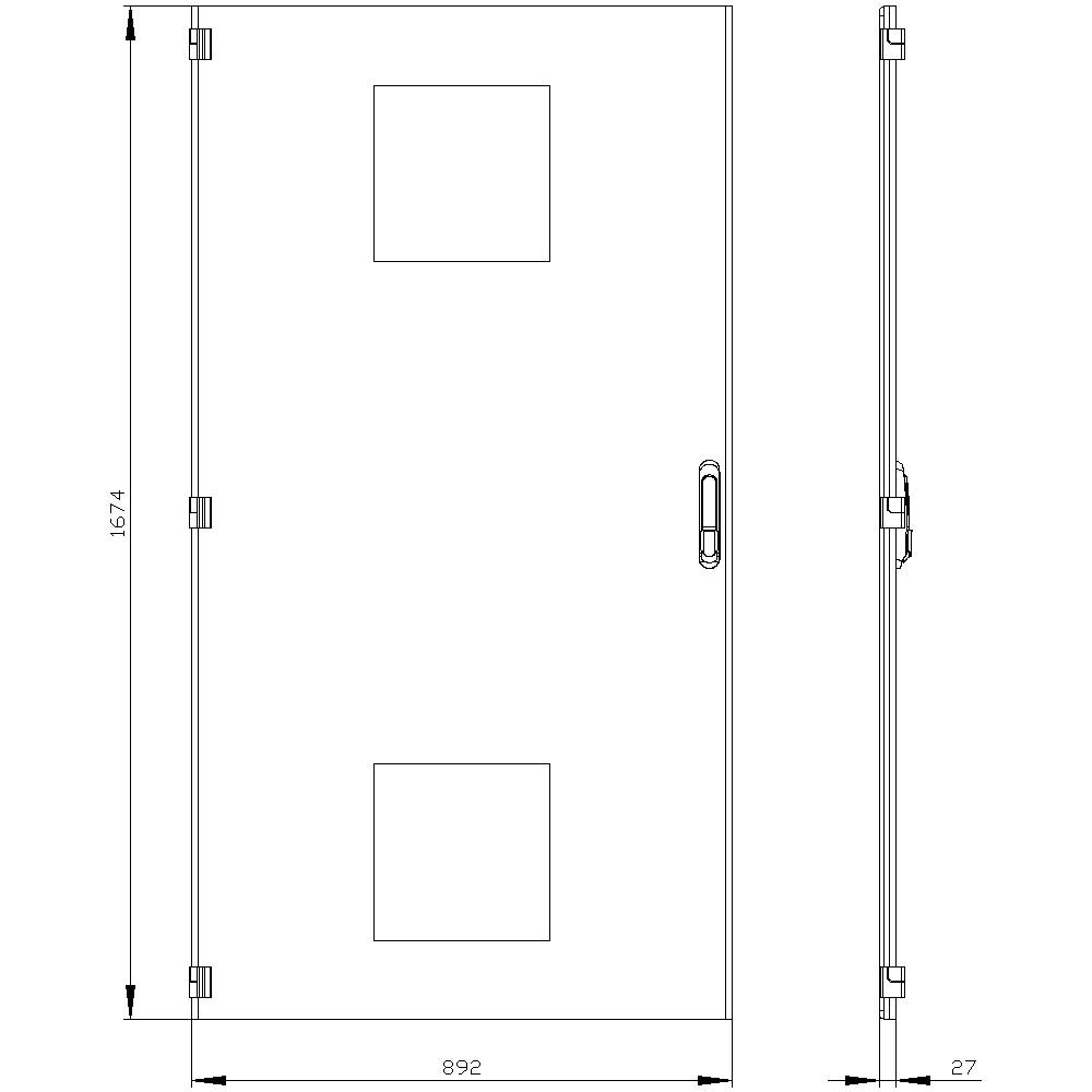 'Dimensioned sketch of a door with two glass windows. The height is 1574 mm and the width is 892 mm.'