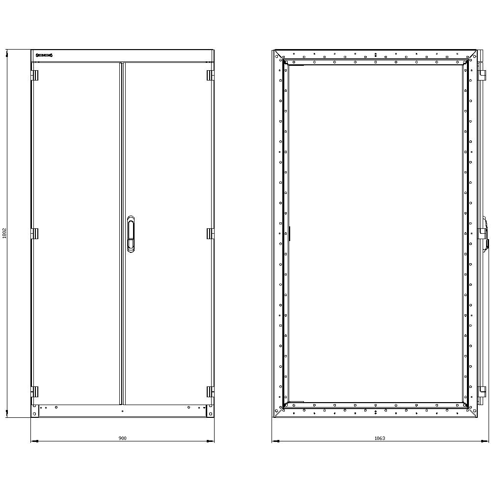 Technical drawing of a double-leaf door with frame. Dimensions: Door width 900 mm, height 1900 mm. Frame width 1050 mm.