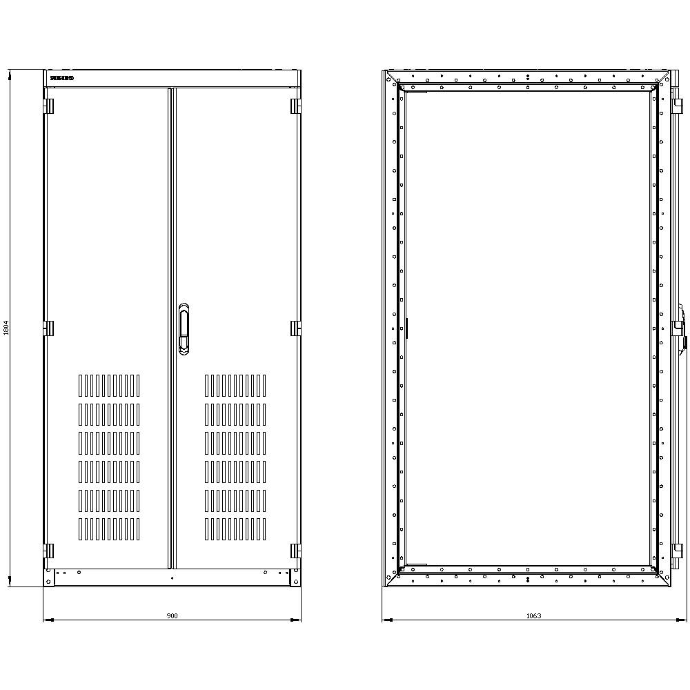 Drawing of a rectangular cabinet with dimensions of 1200 mm height and 900 mm width, showing front view with double doors and ventilation slots, and side view of the frame.