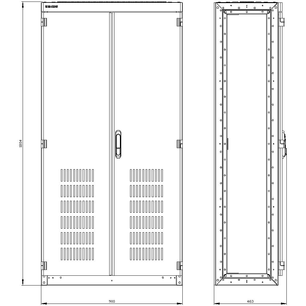 Drawing of a rectangular control cabinet with indicated dimensions: 1900 mm height, 463 mm depth. Front and side views.