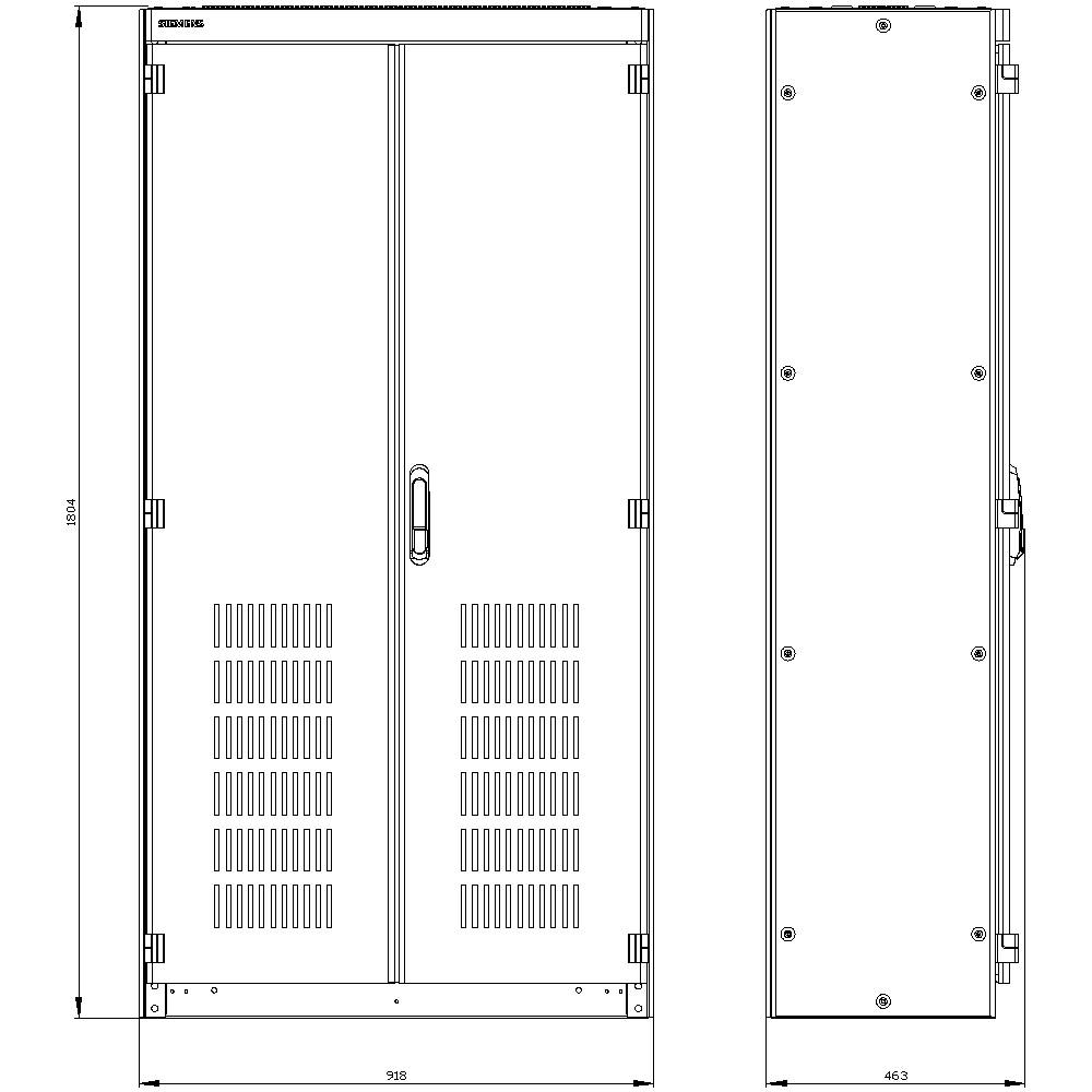 Two-dimensional technical drawing of a rectangular cupboard with two doors and ventilation openings. Dimensions: height 1964 mm, width 998 mm. Side view shows depth of 463 mm.
