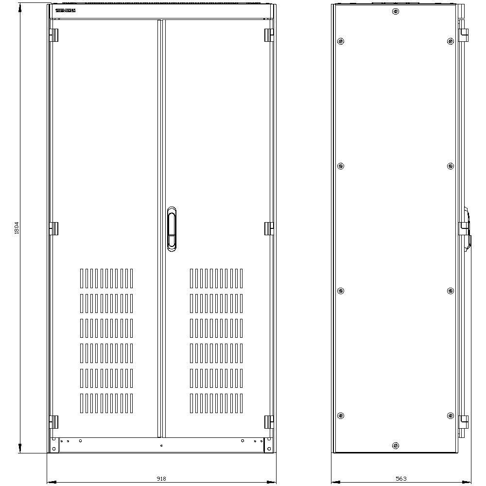 'Dimensions of a metallic enclosure: Height 1804 mm, Width 918 mm, Depth 563 mm. Front view with ventilation slots and handle.'