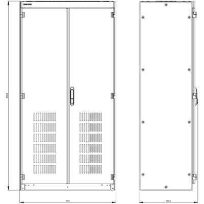 'Dimensions of a metallic enclosure: Height 1804 mm, Width 918 mm, Depth 563 mm. Front view with ventilation slots and handle.'