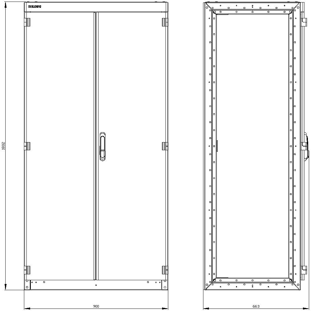 Drawing of a rectangular metal cabinet with double doors and handle, viewed from the front and side, with dimensions.