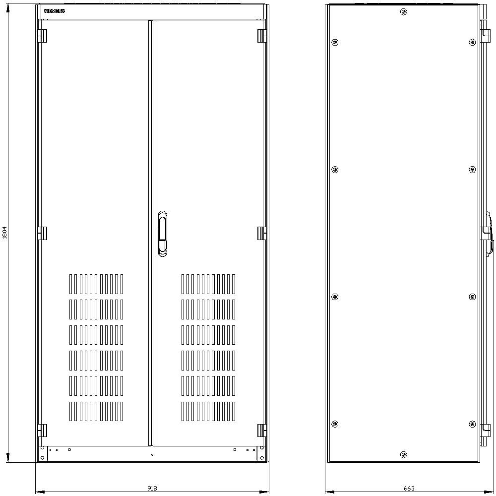 Front and side view of a large, rectangular metal cabinet with ventilation slots and double doors, suitable for industrial applications.
