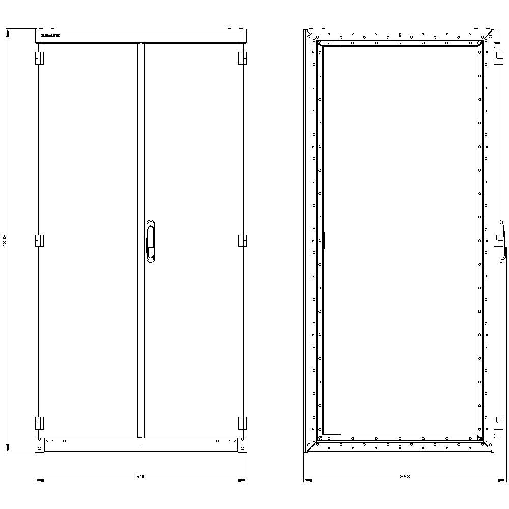 Technical drawing of a two-winged metal gate. Shows front and side view with detailed dimensions and hinges.
