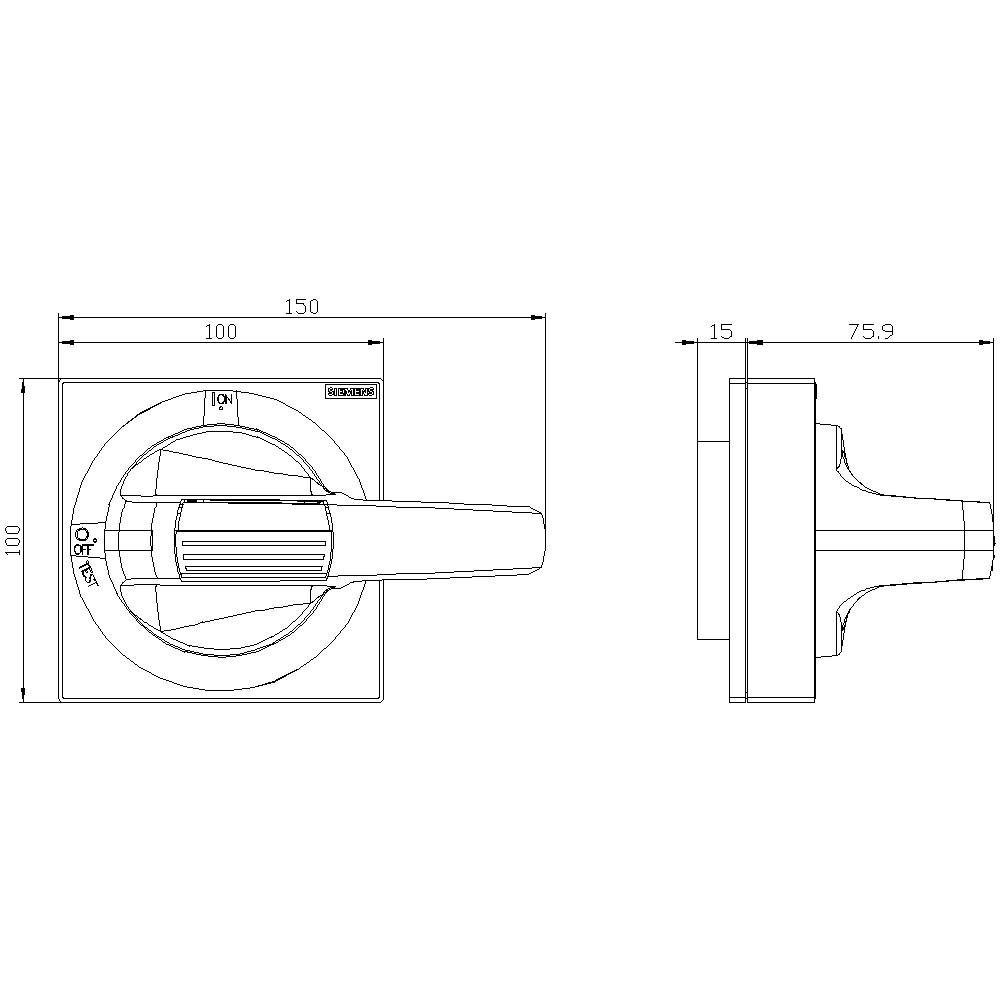 Technical drawing of a switch with dimensions in millimetres. Side view shows a length of 75.9 mm, front view 150 mm width.