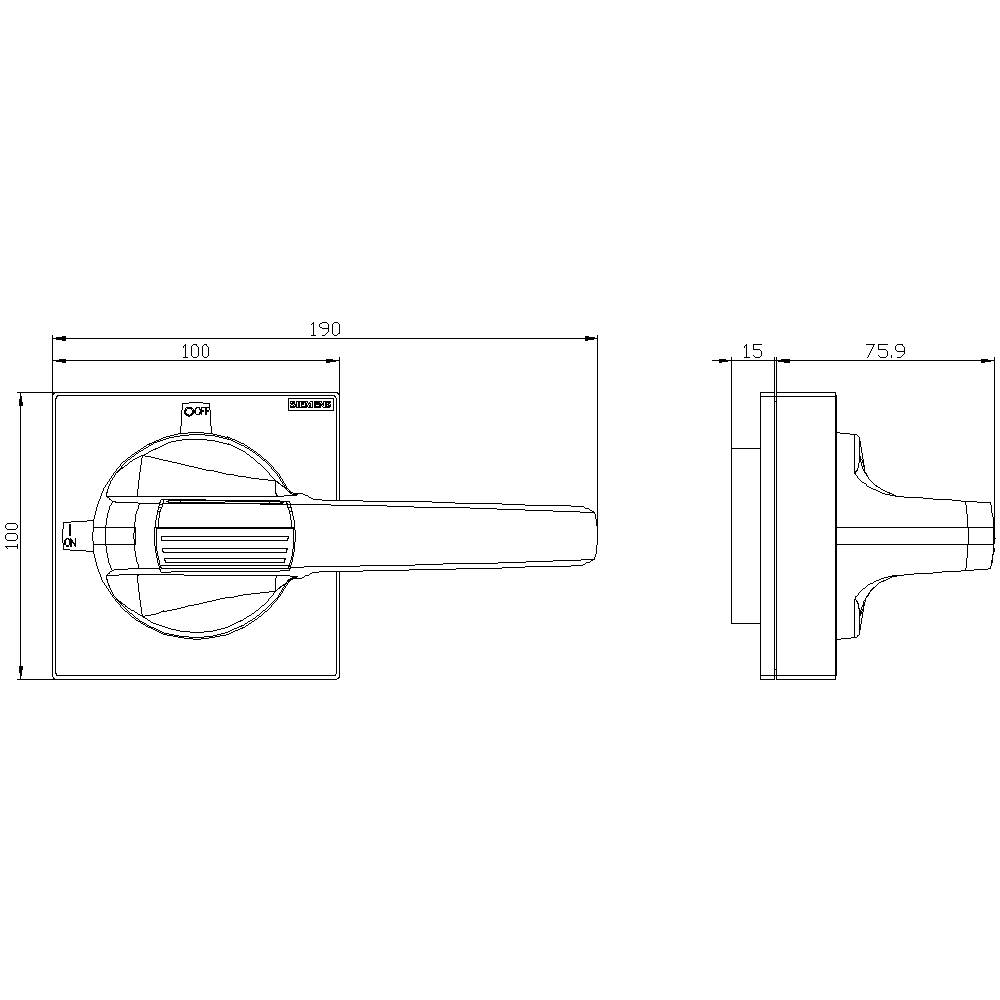 Technical drawing of a handle with side and front views. Dimensions: Length 190 mm, Width 100 mm, Height 75.9 mm. Includes mounting schematic.
