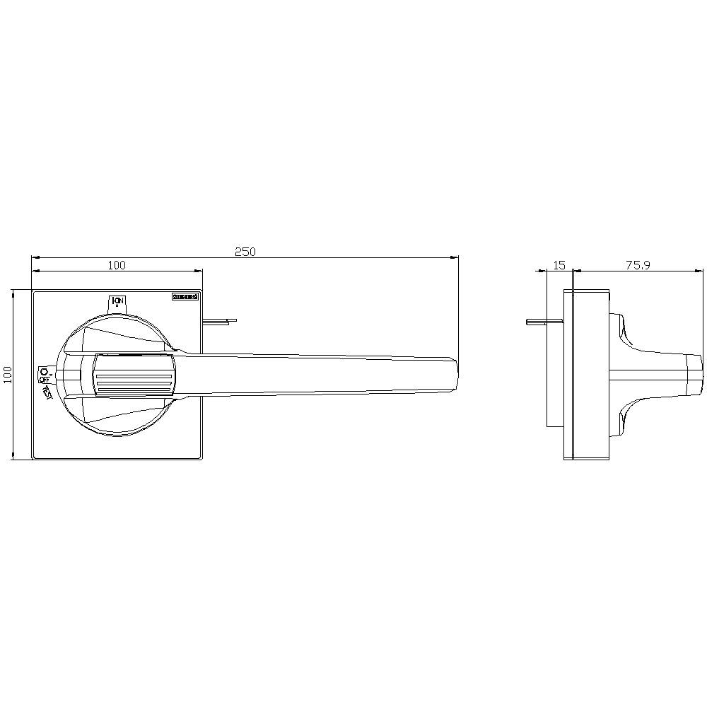 'Door handle design drawing with dimensions. Top: Side view shows length of 250 mm. Bottom: Top view shows square base of 100x100 mm.'