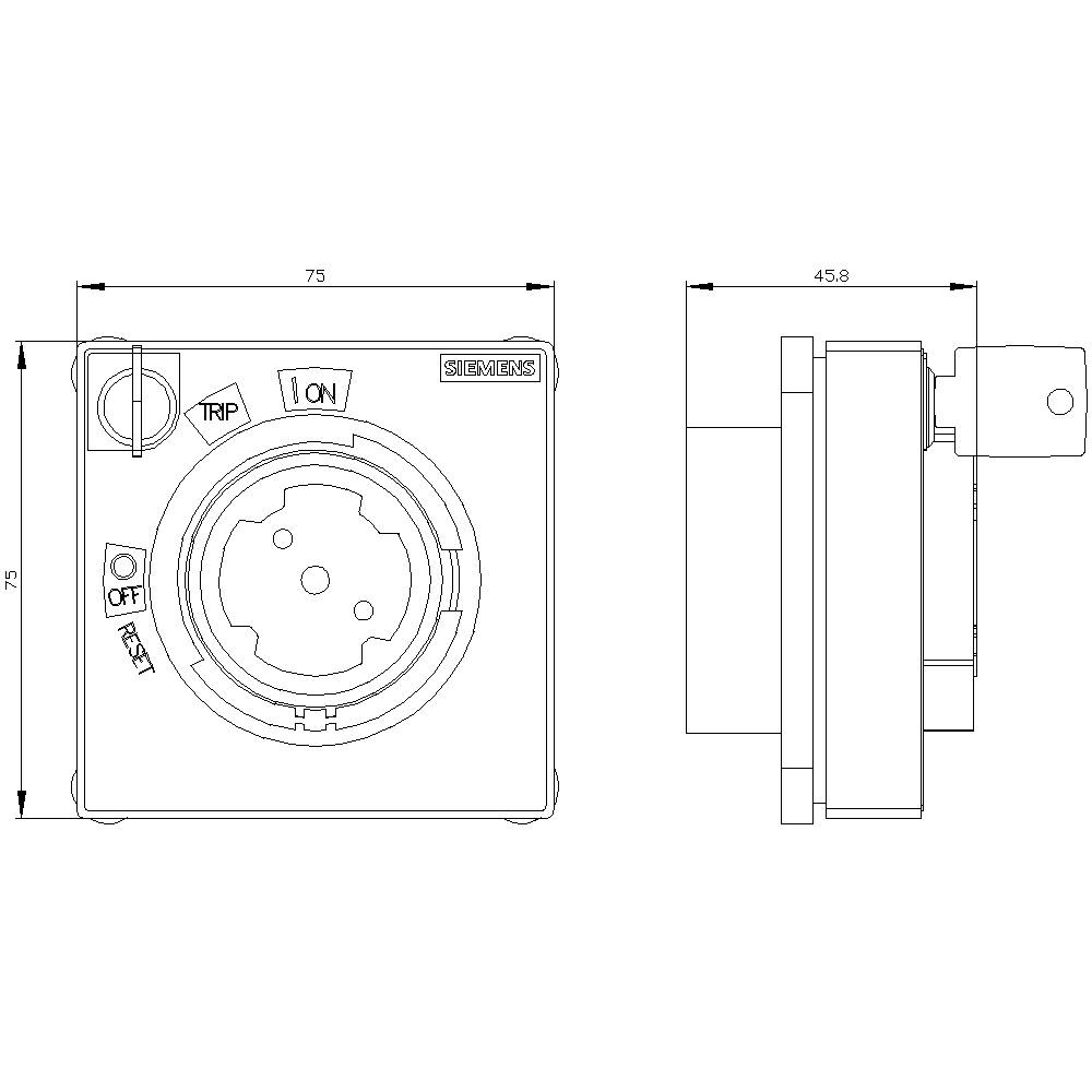 Technical drawing of an electrical switch with labels 'TRIP', 'ON', 'OFF'. Dimensions: 75x75mm, depth 45.8mm.