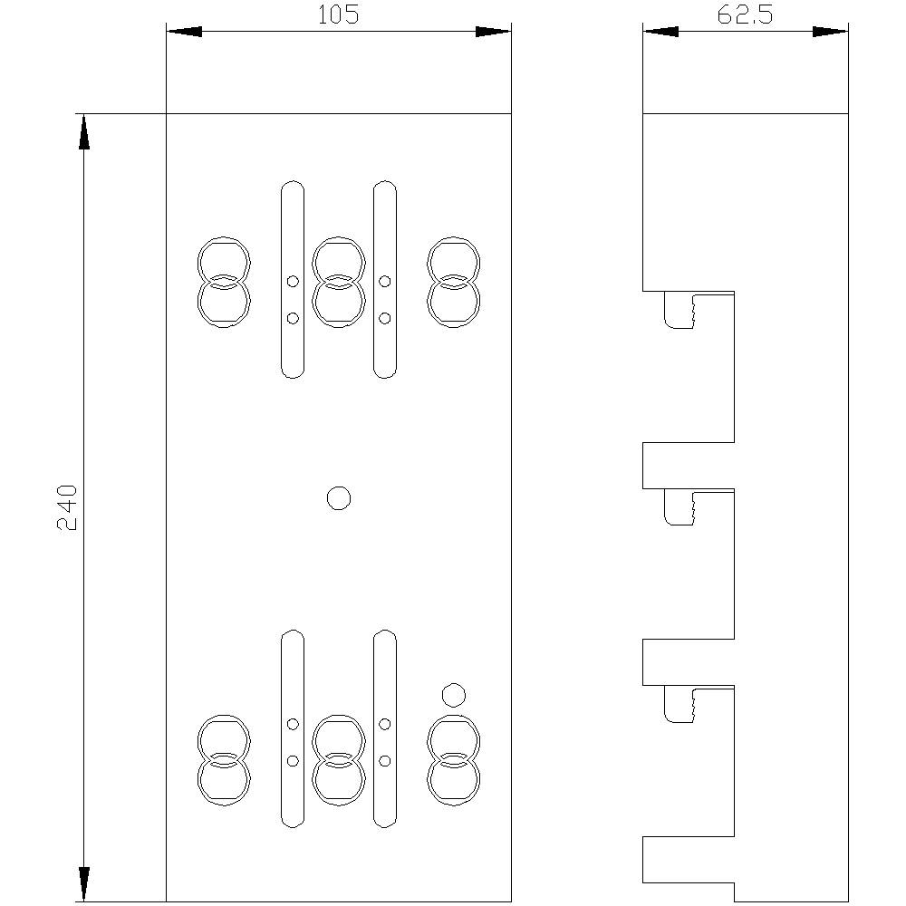 Technical drawing of a plate with dimensions: width 105 mm, height 240 mm, depth 62.5 mm. Shows drilling and milling.