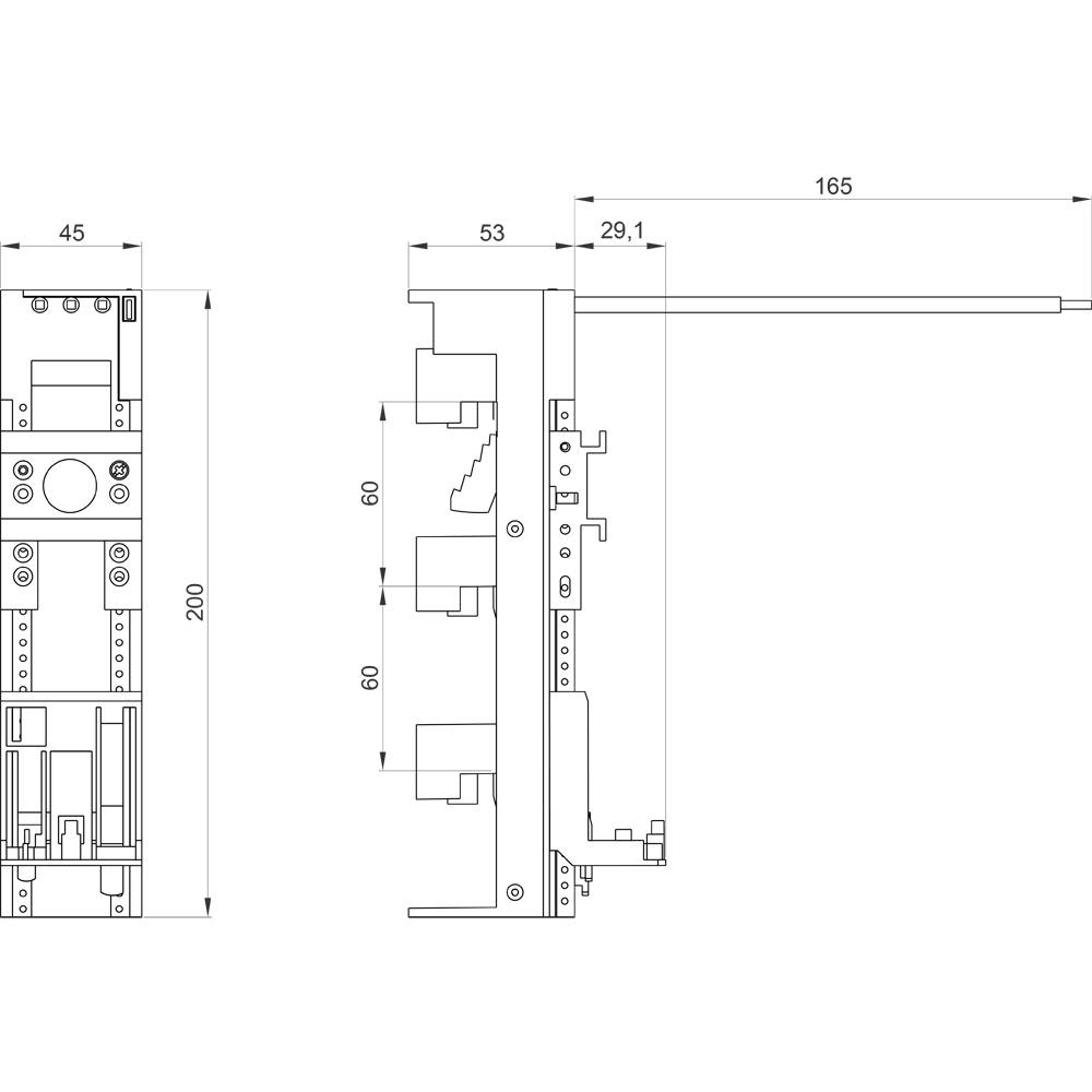 Technical drawing of an electrical circuit with components and dimensions. Front and side view with specific size measurements.