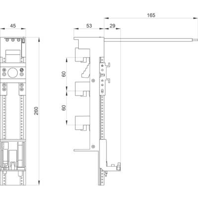 Technical drawing of a mechanical device with precise measurements in mm. Shows side and front views with numerical labels and dimensional annotations.