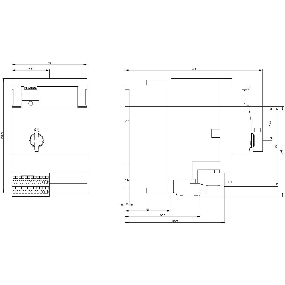 Technical drawing of an electrical switch with dimensions and labelling. Shows front and side views with detailed measurements.