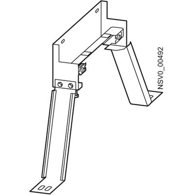 A technical drawing of a metal angle bracket with fixing screws. On the left, two parallel struts; on the right, an angled arm.