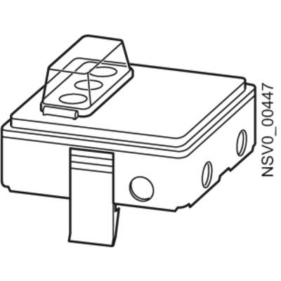 Technical drawing of an electronic component with a rectangular shape, one connection point, and two circular openings.