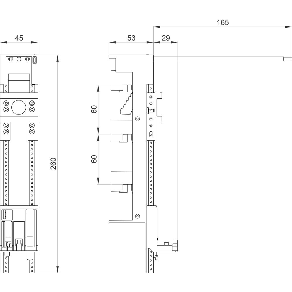 Technical drawing of mechanical component with dimensions. Side view and front view marked with lines and numbers.