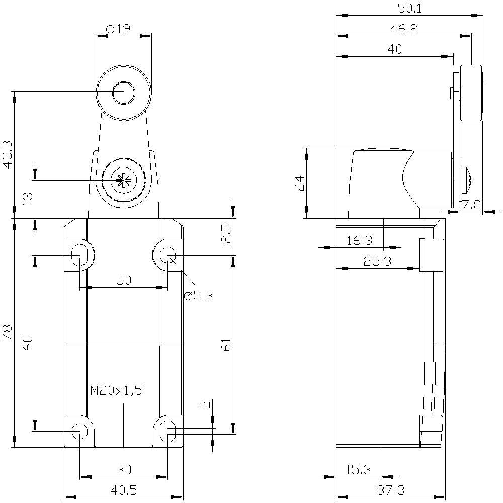 Technical drawing of a mechanical part, showing dimensions and proportions in millimetres. Contains front and side view.