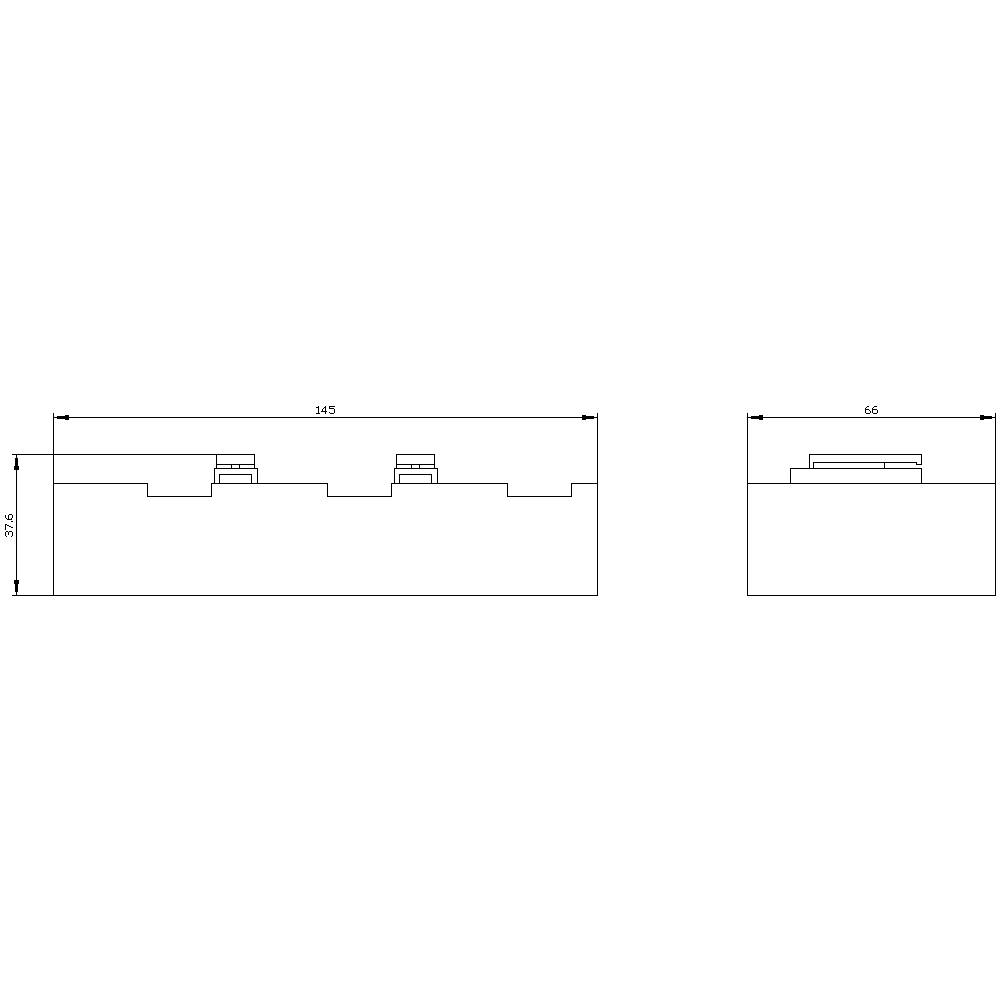Longitudinal and cross-section of a rectangular object, 145 mm long, 56 mm wide and 32.9 mm high, with stepped elements on top.
