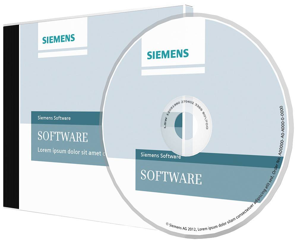 A software package with a CD and case, both featuring the Siemens logo and text 'Siemens Software' and 'Lorem ipsum dolor sit amet'.