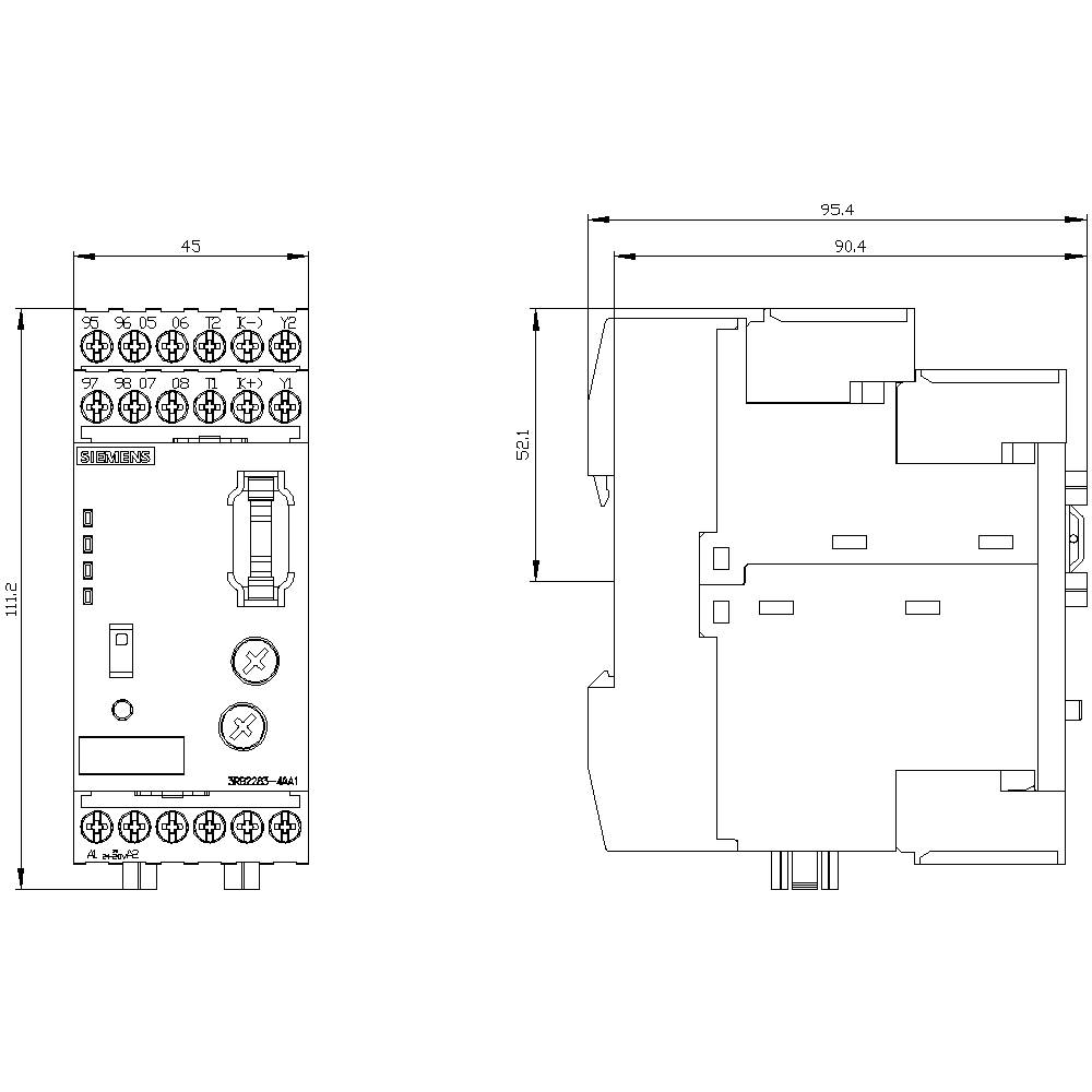 Technical drawing of an electronic device with dimensions, top view and side view. Includes connection and mounting instructions.