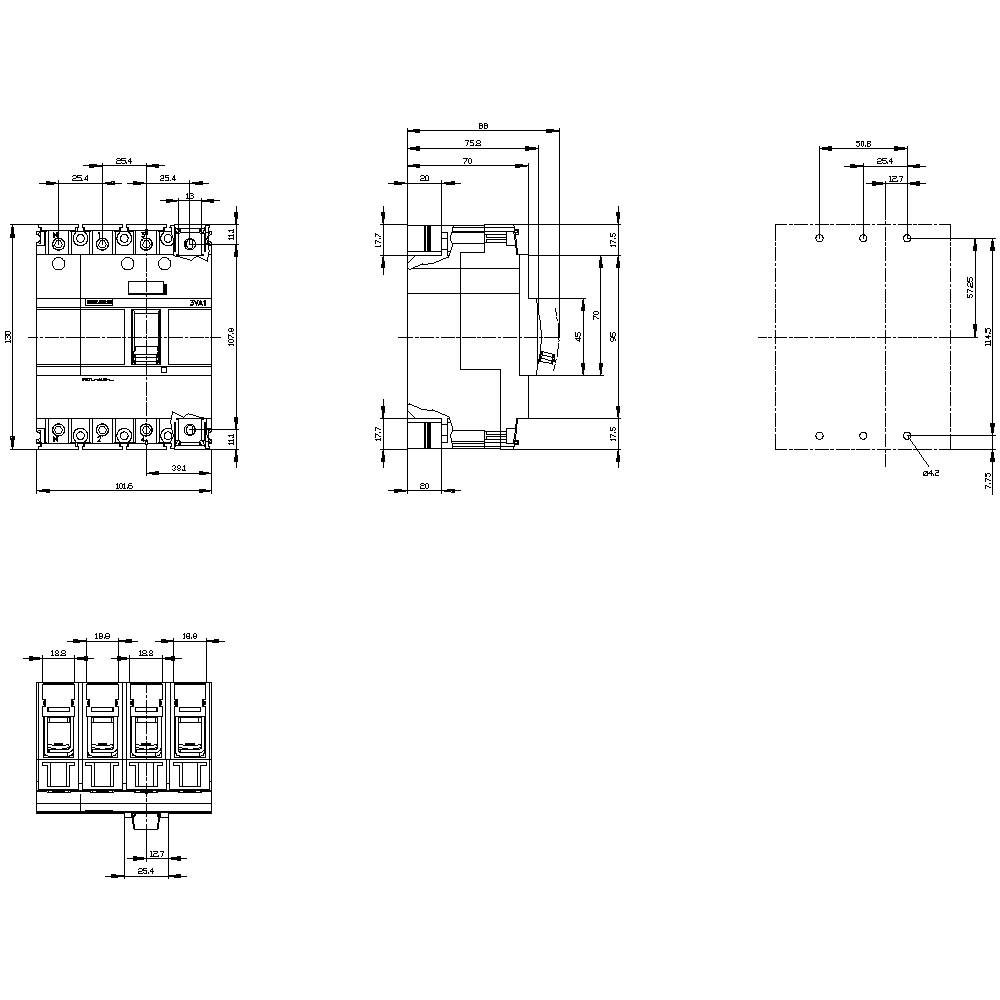 Technical drawing of a four-pole circuit breaker with dimensions and front, top, and side views.