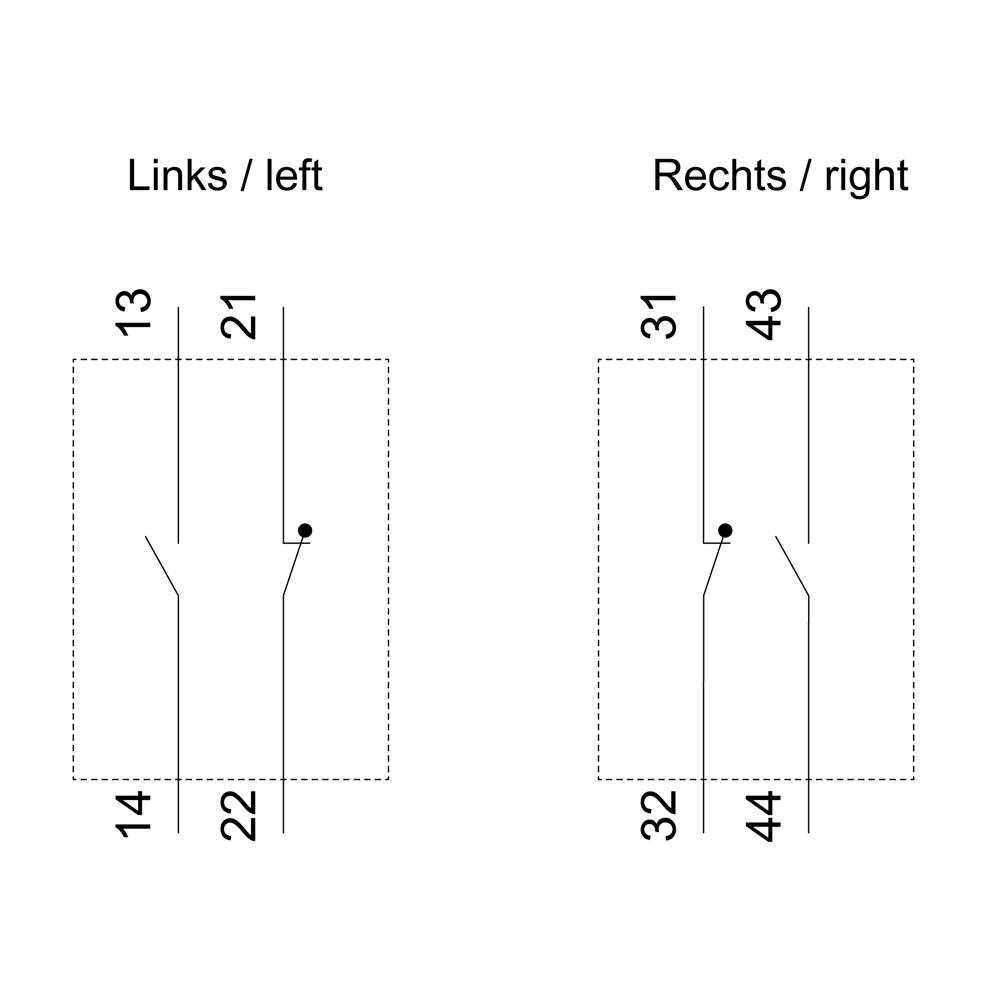 'Diagram with two circuit diagrams: On the left, connections 13-14 and 21-22 are shown. On the right, connections 31-32 and 43-44 are displayed.'