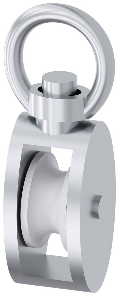 A silver metal piece, consisting of a ring at the top, connected to a cylindrical body containing a pulley wheel.