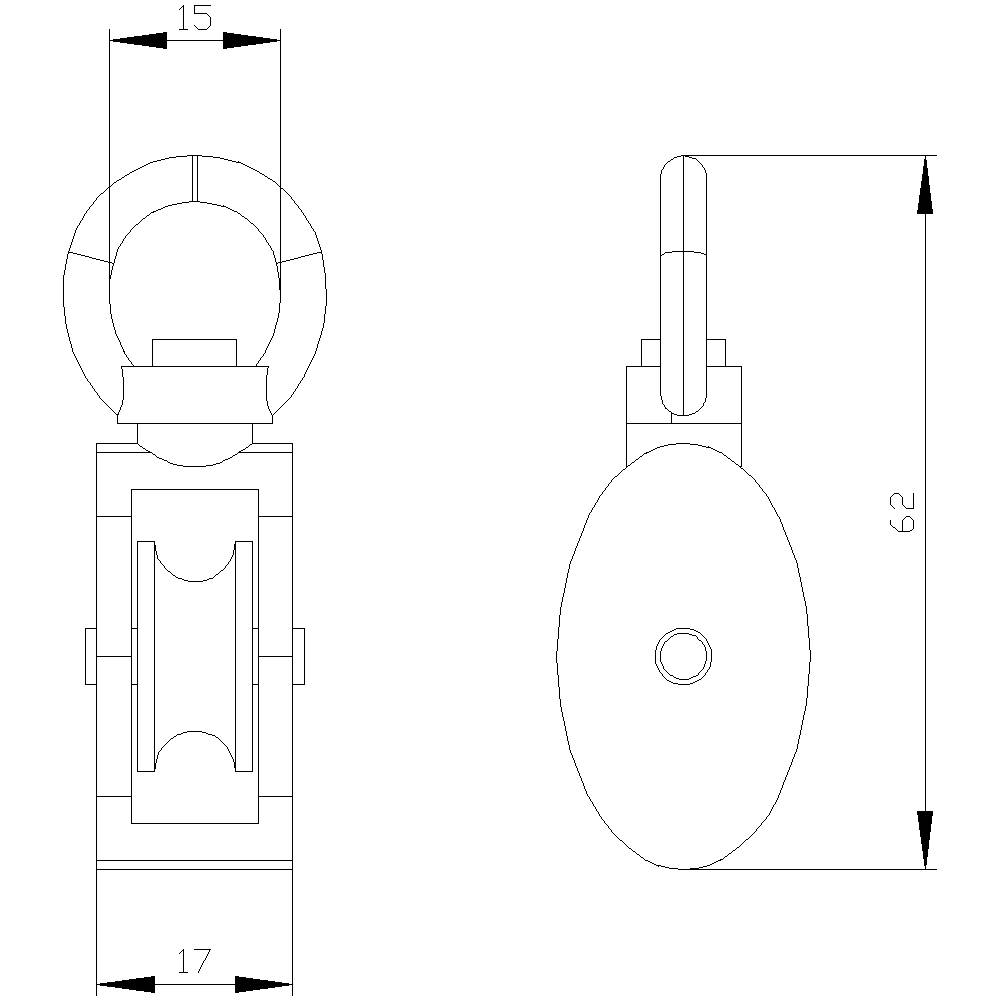 Technical drawing of a hook with two views: Front view shows hook and pulley with dimensions; side view shows total height of 62 mm.