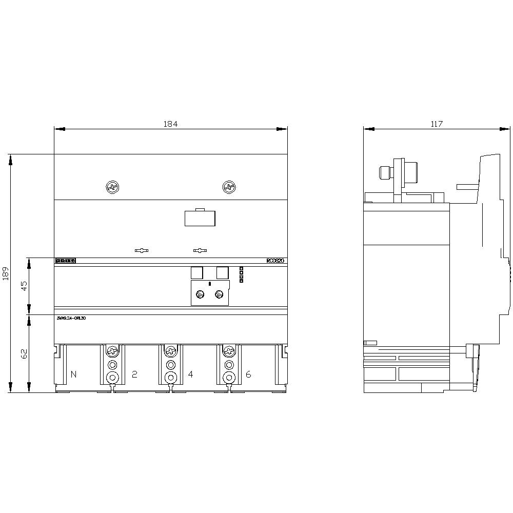 Technical drawing of an electrical device with dimensions in millimetres: width 184 mm, height 190 mm, depth 117 mm. Connections at the bottom marked N, 1, 2, 3, 4, 5, 6.