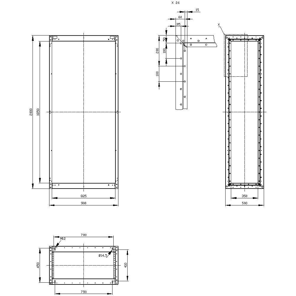 Technical drawing of a rectangular metal enclosure with dimensions, mounting points, and side view. Measurements in millimetres.
