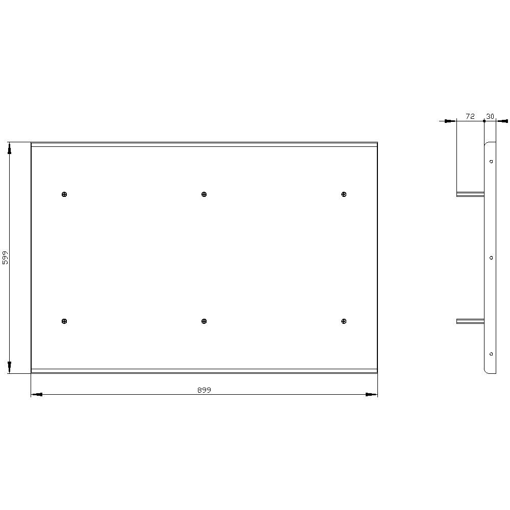 Technical drawing of a rectangular object with dimensions: Width 899 mm, Height 529 mm, Depth 72 mm. Front and side view.