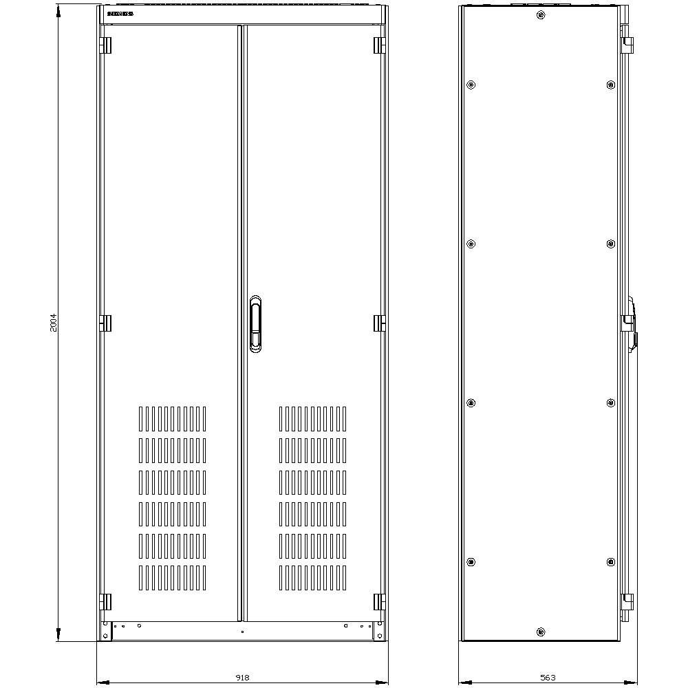 'Technical drawing of an electrical cabinet with front and side view. Dimensions: Height 2054 mm, Width 918 mm, Depth 365.3 mm.'