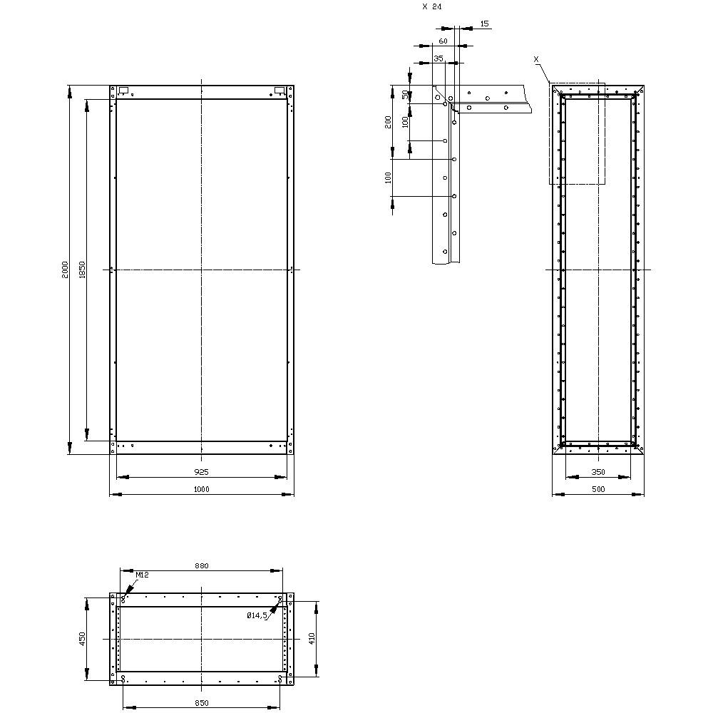 Technical drawing of a rectangular metal frame with dimensions and details of fasteners and drill holes. View.