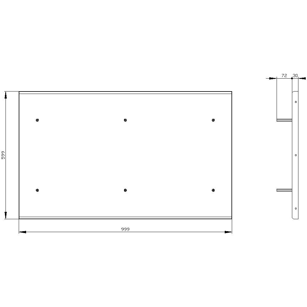 Drawing of a rectangular plate with dimensions. Width: 999 mm, Height: 593 mm, Thickness: 30 mm. Six fixing holes visible.