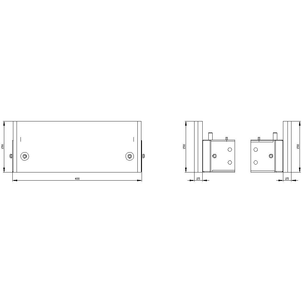 Technical drawing of a rectangular metal enclosure with precise dimensions in millimetres. Front and side views are shown.
