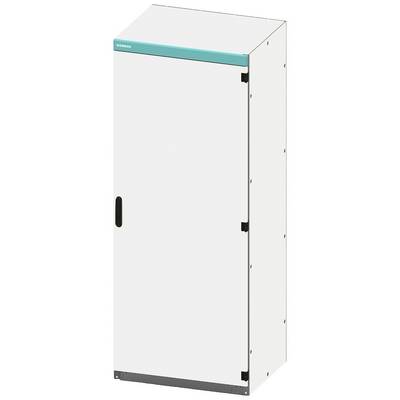 A white, rectangular cupboard with a turquoise top edge and black handle, depicted in a neutral setting.