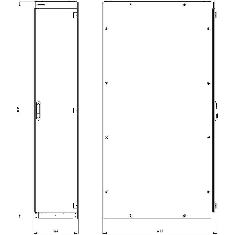 Two technical drawings of a metal cabinet with visible dimensions, left view from the front, right view from the side, showing details and measurements.