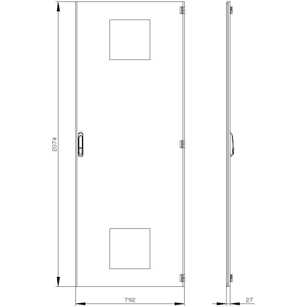 Door design with dimensions: Height 2074 mm, Width 792 mm, Depth 27 mm. Includes two square windows and door handle details.