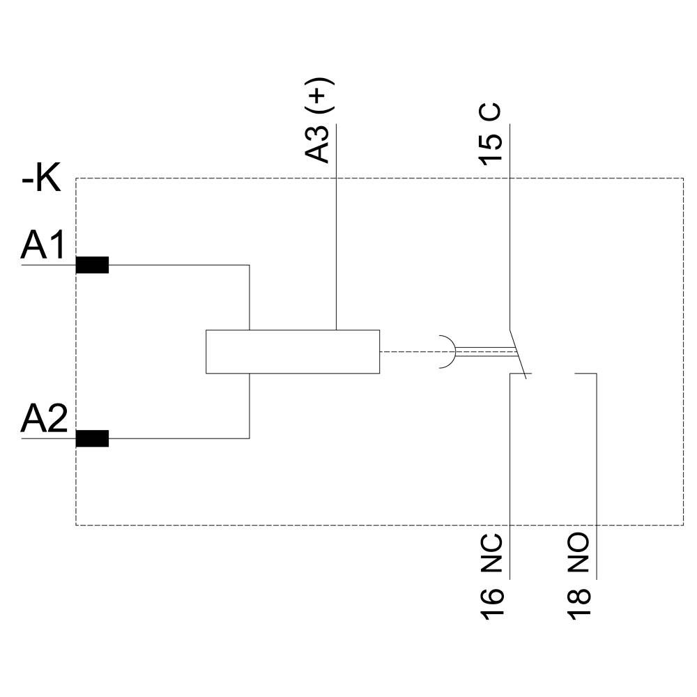 Circuit diagram shows relay with connections: -K, A1, A2, A3 (+), 15 C, 16 NC, 18 NO. A closing contact system is depicted.