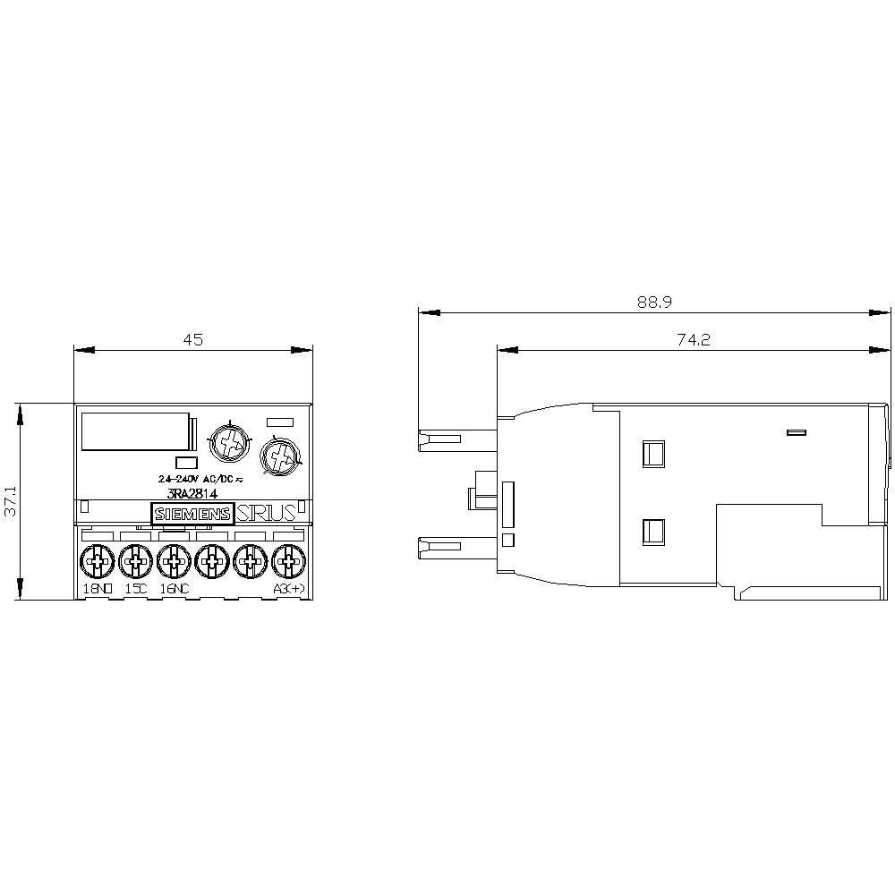Technical drawing of an electrical component with two perspectives, front and side view, with dimensions and connection details.