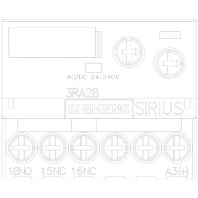 A diagrammatic image of a Siemens SIRIUS control unit 3RA28, suitable for AC/DC voltages from 24–240V with connection terminals.