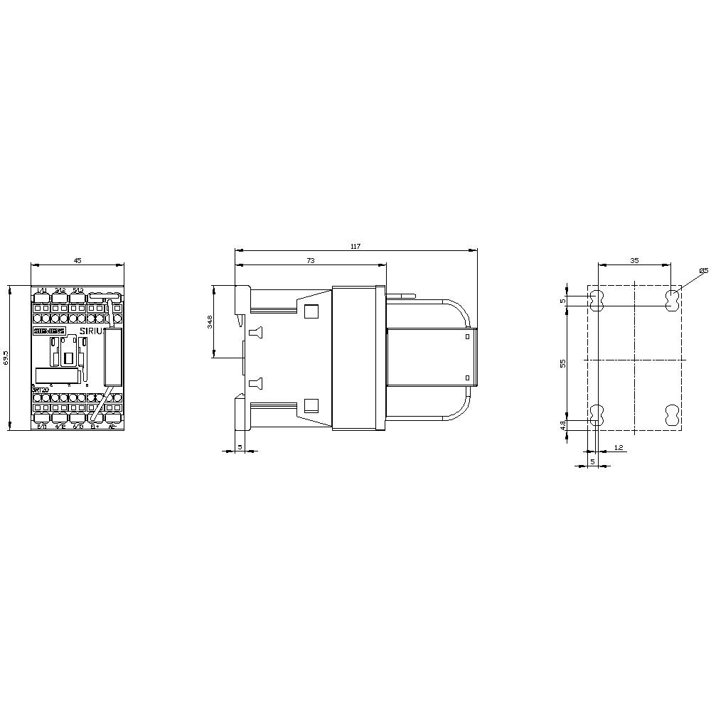 Technical drawing of a switch with three views: front view, side view, and top view, with dimensions in millimetres.