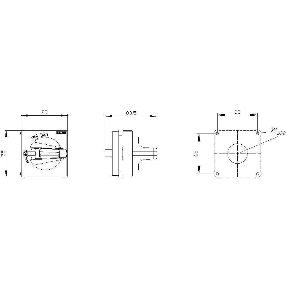 Technical Drawing of a Switch: Front, Side, and Rear Views with Dimensions 75x75 mm, 83.5 mm Depth, Hole Diameter 32 mm.