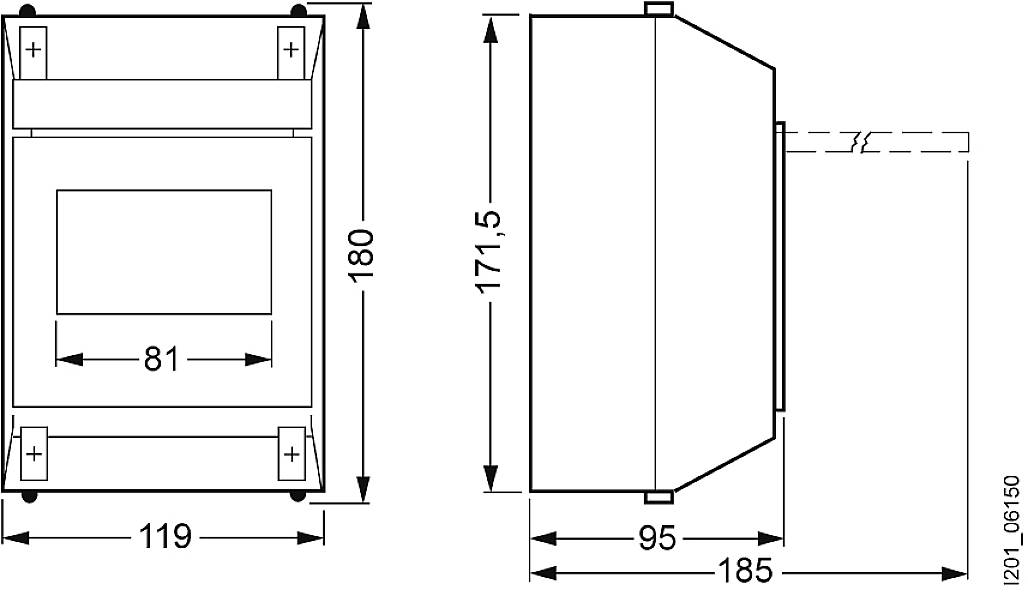 Technical drawing of a rectangular enclosure with front and side view. Dimensions in millimetres: 180 high, 119 wide, 185 deep.