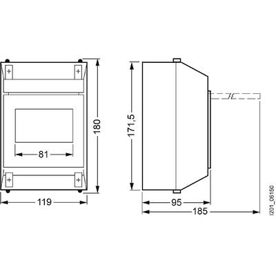 Technical drawing of a rectangular enclosure with front and side view. Dimensions in millimetres: 180 high, 119 wide, 185 deep.