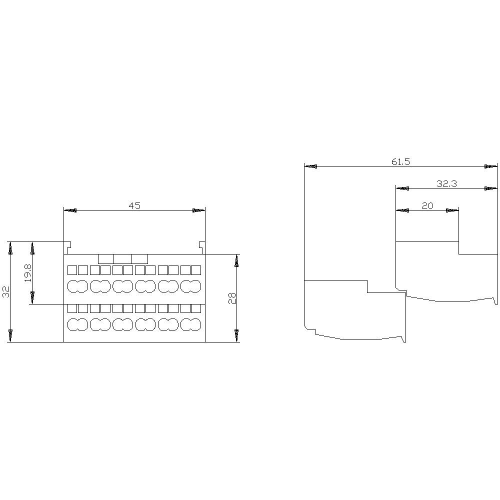 Technical drawing of a connection module with dimensions: width 45 mm, height 32 mm. The side view shows a depth of 61.5 mm.