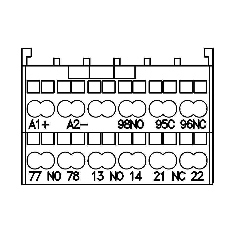 A wiring diagram of an electrical connector with labelled connection points: A1+, A2-, 98NO, 95C, 96NC, 77NO, 78, 13NO, 14, 21NC, 22.